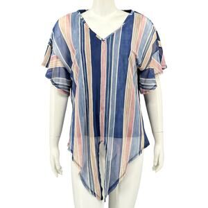 Cocomo Top Women Large Blue Stripe Tie Front Flutter Sleeves V-Neck Stretch Work
